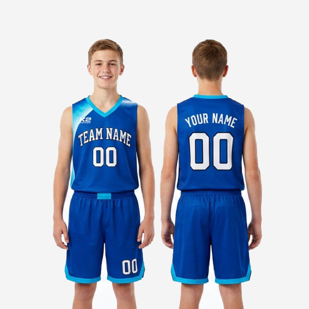 V-Neck Custom Kids Basketball Uniforms - Royal Blue and Cyan