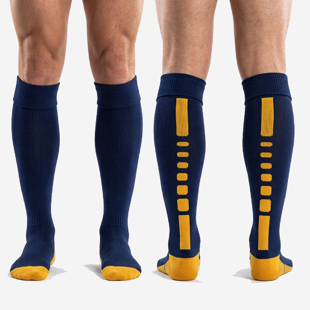 Ribbed Cuff Custom Navy Blue Soccer Socks - Gold
