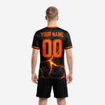 Custom lava soccer jersey and shorts set with orange crew neck trim and number on thigh