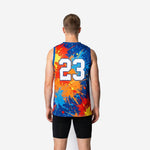 Back view of custom league basketball jerseys with player name arced above back number, full royal blue and orange splash sublimation across the back panel