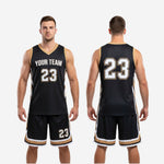 Size and specification reference sheet for custom basketball uniforms for leagues in black and gold