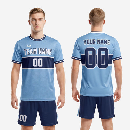 Custom light blue and navy 2-piece soccer uniform back view showing player name arc, back number placement, and full sublimation coverage