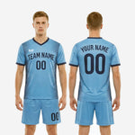 Custom light blue and navy soccer uniform complete 2-piece kit with team name and number sublimated on 100 percent polyester