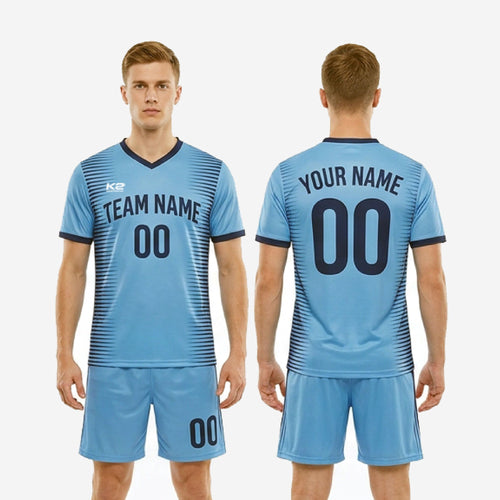 Custom light blue and navy soccer uniform complete 2-piece kit with team name and number sublimated on 100 percent polyester