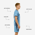 Custom light blue soccer uniform shorts detail with navy vertical stripe and sublimated player number on outer thigh