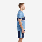 Custom light blue and navy soccer uniform left side view showing white accent stripe and double-stripe sleeve cuff detail