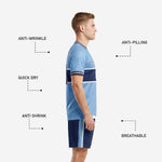 Navy soccer shorts detail from custom light blue soccer uniform set showing side stripe and player number on left leg