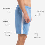 Custom light blue and white soccer shorts full-length athletic fit view, sublimated side panel and straight hem construction