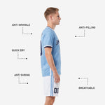 Detail view of white custom soccer shorts with powder blue side stripe and navy player number