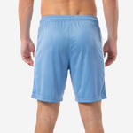 Custom light blue soccer shorts elastic waistband with drawcord, close-up detail showing moisture-wicking polyester fabric