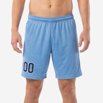 Custom light blue soccer shorts with navy and white player number 00 on left leg, worn by adult male model, front view