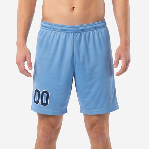 Custom light blue soccer shorts with navy and white player number 00 on left leg, worn by adult male model, front view
