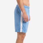 Custom light blue soccer shorts with white contrast side panel running waist to hem, left side view on adult male model