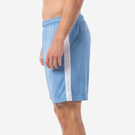 Custom light blue soccer shorts with white side panel detail, right side view showing athletic cut and straight hem