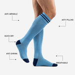 Navy reinforced heel and toe detail on custom light blue over-the-calf soccer socks