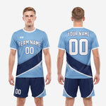 Custom light blue soccer uniform full kit back view showing player name and number print zones in white sublimation
