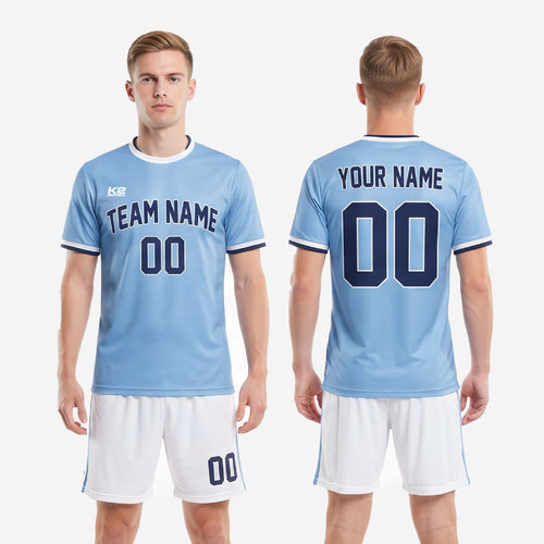 Back view of custom light blue soccer uniform design showing player name and number placement