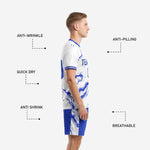 Custom light blue soccer uniform shorts detail with Royal Blue marble side panel and sublimated number