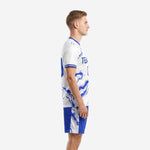 Custom light blue soccer uniform White and Royal Blue marble design, left side view showing full kit