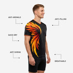 Close-up of Neon Orange and Gold flame print on custom logo training jersey in Jet Black polyester