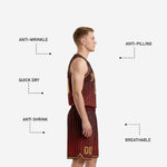 Back view of custom maroon and gold basketball uniform showing player name and number placement on pinstripe jersey and matching shorts