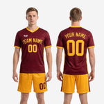 Custom maroon and gold mens soccer uniform full kit view with jersey and matching shorts made to order for club and school teams