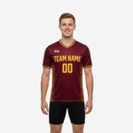 Custom Maroon and Athletic Gold mens soccer training jersey with team name and number printed on chest, front view