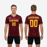 Custom Maroon and Athletic Gold short sleeve mens soccer training jersey, athletic cut, full body view