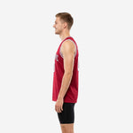 Side view of custom maroon sleeveless basketball jersey showing athletic cut, white armhole binding, and tuck-in length
