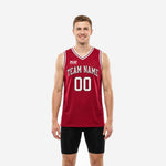 Custom maroon basketball jerseys with white arched team name, front number 00, and white V-neck binding worn by male player
