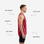 Opposite side view of sublimated maroon basketball jersey displaying white armhole binding, dual side stripes, and crimson halftone dot print detail on male model