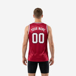 Size and specification chart for custom maroon basketball jerseys showing youth and adult sizing measurements and jersey dimensions