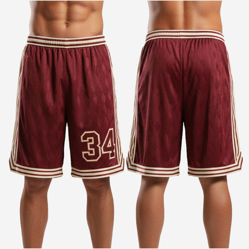 Close detail of custom maroon basketball shorts hem showing double cream stripe and maroon V-point side split trim