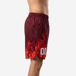 Left side view of custom maroon basketball shorts showing continuous flame sublimation wrapping the leg panel hem