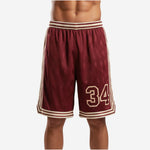Custom maroon basketball shorts front view with cream side panel, diamond-jacquard body, number 34 on thigh, and striped waistband