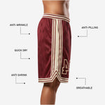 Size and spec sheet for custom maroon basketball shorts available in youth through adult roster sizing