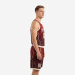 Custom maroon and gold basketball uniform front view showing cream-gold crew-neck binding, arced team name, and front number 00