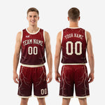 Size and specification sheet for the custom maroon and gold basketball uniform set covering youth and adult sizing options