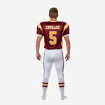 custom maroon gold youth football uniform right side view showing set-in sleeve white cuff binding and dual maroon gold pant stripe