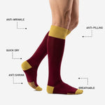 Athletic Gold heel cup and toe box detail on custom maroon soccer socks for team orders
