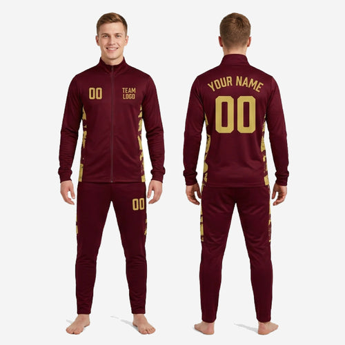 Full 2-piece custom maroon and gold soccer team kit set showing jacket and pants together for squad orders