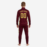 Close detail of custom maroon full-zip soccer warm up jacket with gold side panel and player number placement