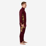Side view of custom maroon and Athletic Gold distressed panel soccer tracksuit for men showing full-dye sublimation side print