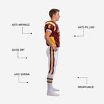 Detail view of maroon and gold sublimated youth football uniform showing crisp white cuff binding, gold side panel, and number print quality
