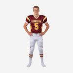 Custom maroon and gold youth tackle football uniforms front view showing arced team name, front number, gold shoulder panels and white V-neck trim on matching white pants with double side stripe