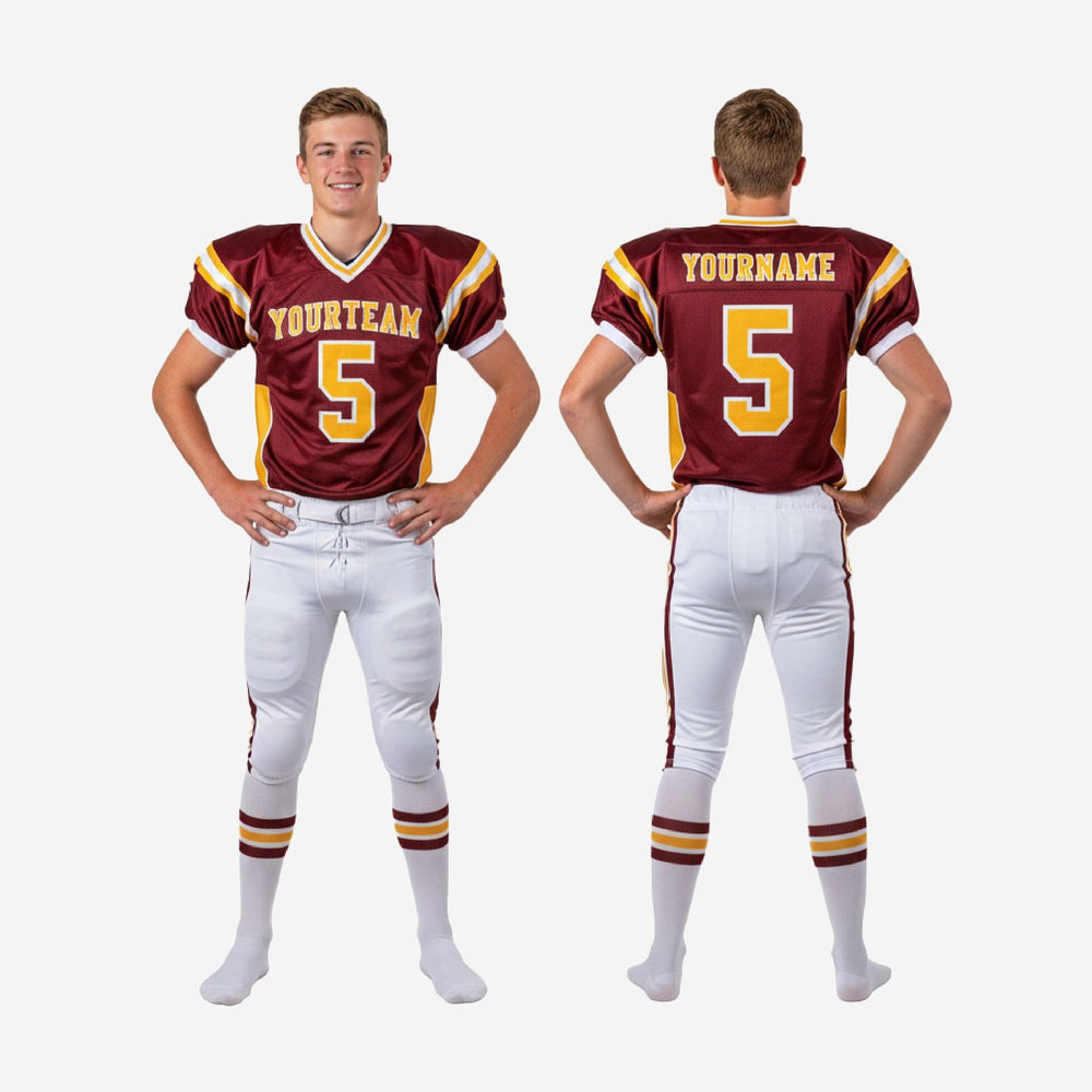 Custom Maroon Youth Tackle Football Uniforms - Gold Stripe Set