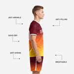Custom maroon gradient soccer jersey back view showing player name and back number print zones on full-dye sublimated professional kit