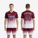Matching custom maroon gradient soccer shorts from red soccer uniform set showing waistband-to-hem fade and side panel