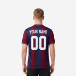 Back view of custom maroon navy blue men's soccer team jerseys with player surname and number in white sublimated print