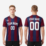 Full body view of custom maroon navy blue men's soccer team jerseys on adult male model showing athletic cut and V-neckline